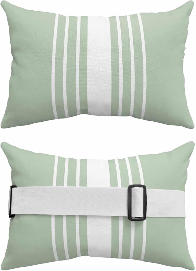 Pack of 4 Outdoor Lumbar Pillow Covers 11x16 Inch, Sage Green White Stripe Waterproof Throw Pillow Covers Set, Modern Rustic Vertical Striped Indoor&Outdoor Cushion Cases for Patio Porch Beach
