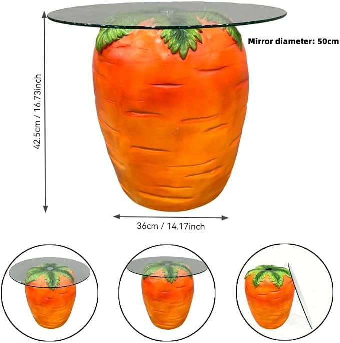 16" Carrot-Shaped Resin Side Table w/ Glass Top,Novelty Fruit Stool,Orange | Round End Table for Living Room Bedroom Patio, Weather-Resistant & Easy Clean, Fun Home Decor Accent