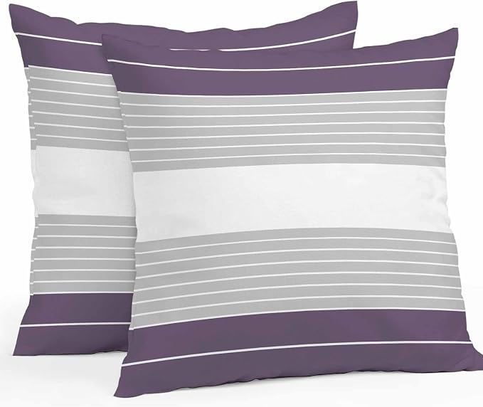 Purple Grey Stripe Outdoor Pillow Covers Waterproof, All Weather Cushion Case Set of 2, Modern Art Horizontal Striped Decorative Pillowcases for Sofa Couch Bed Decor Patio Furniture 18"x18"