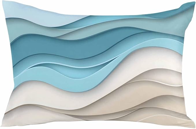 Pack of 2 Ombre Blue Brown Outdoor Pillow Waterproof Covers 20x12 inch, Abstract Wave Polyester Throw Pillow Covers Garden Cushion Decorative Case for Patio Couch Decoration