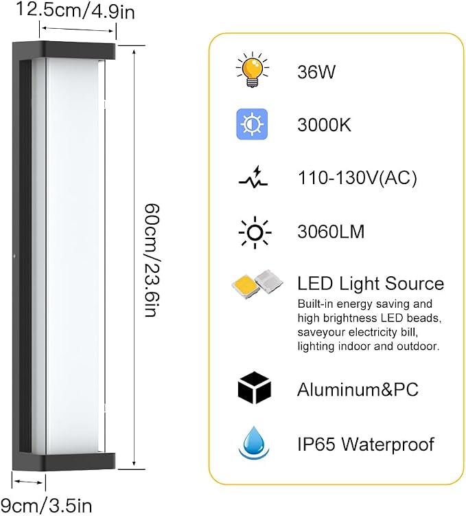10%-100% Dimming Exterior Garage Lights,23.6in Dimmable LED Modern Patio Wall Light Fixture, Rectangle Black Aluminum+Dual PC Wall Sconce for Garage Bathroom Room Courtyard House(3000K)