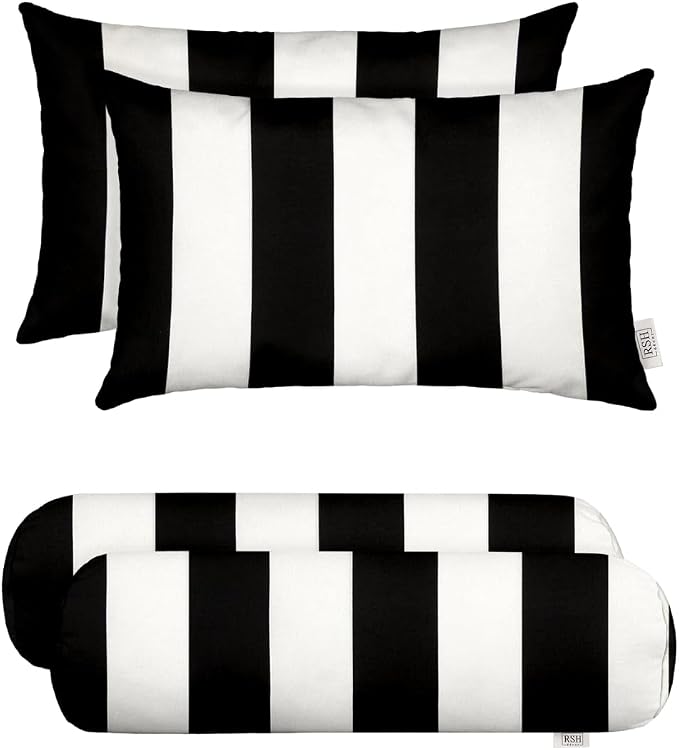 Neck Roll and Lumbar Pillows 4 Set Indoor Outdoor for Patio, Porch, Beachhouse Decor, Lounge Chair, UV and Fade-Resistant, Black White Stripe, 20x6 and 20x12 Inches, Made in USA