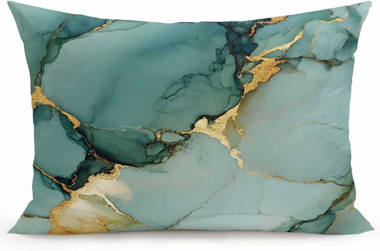1 Pack Outdoor Throw Pillow, Teal Ombre Marble Waterproof Pillow with Insert Included, Modern Ink Painting Abstract Decorative Accent Cushion Lumbar Pillows for Patio Porch, 12 x 20 in