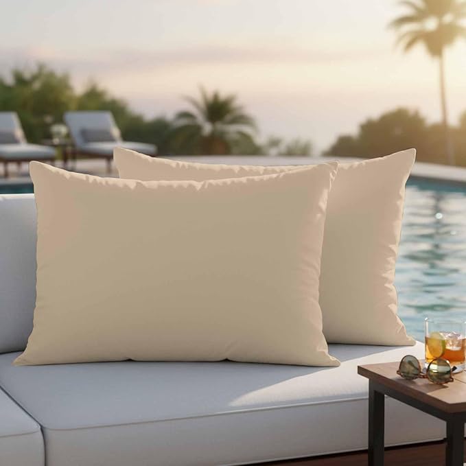 Lumbar Pillow Covers 12 x 20 Inches, Khaki Solid Color Waterproof Throw Pillow Cover Set of 2, Aesthetics Contemporary Luxury Decorative Rectangle Cushion Covers for Patio/Couch/Garden