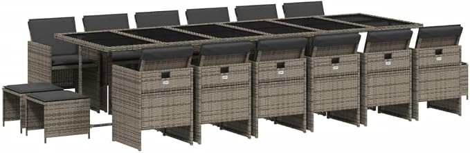 17 Piece Patio Dining Set with Cushions Gray Poly Rattan Outdoor Table and Chairs for 12 People Foldable Space Saving Aluminum Frame Tempered Glass UV Proof Garden Furniture Backyard Deck Poolside