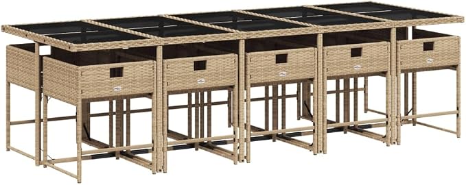 11 Piece Patio Dining Set with Cushions Beige Poly Rattan, Outdoor Rattan Dining Table for 10, Foldable Space-Saving Chairs with Removable Cushion Covers, UV-Proof Garden Furniture for Backyard Lawn