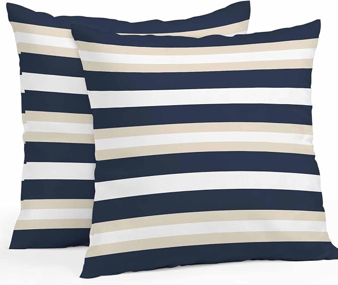 Khaki Navy Blue Striped Outdoor Pillow Covers Waterproof, All Weather Cushion Case Set of 2, Farmhouse Abstract Lines Art Decorative Pillowcases for Sofa Couch Bed Decor Patio Furniture 18"x18"