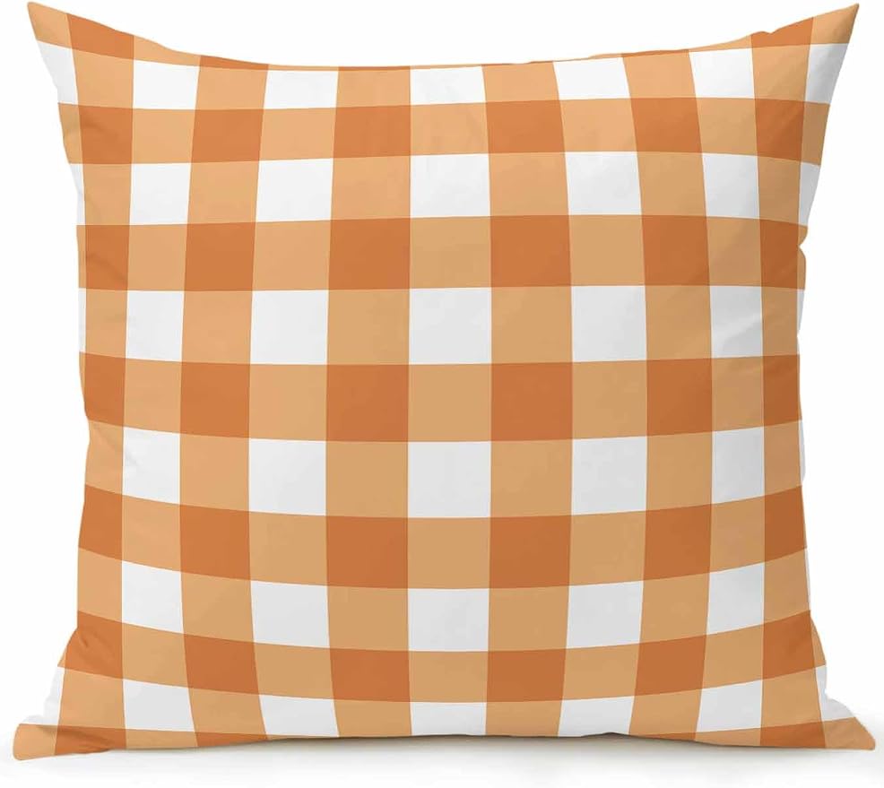 Waterproof Outdoor Pillow 1 Pack Orange Buffalo Plaid Decorative Throw Pillows Cover & Insert 18x18 Inch Pillowcase Check Lines Square Pillows for Couch Sofa Bed Patio Furniture Indoor Outdoor