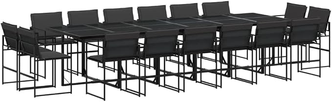 17 Piece Patio Dining Set with Cushions Black Textilene Outdoor Furniture for 8 People Garden Table and 16 Folding Chairs Tempered Glass Top UV Resistant