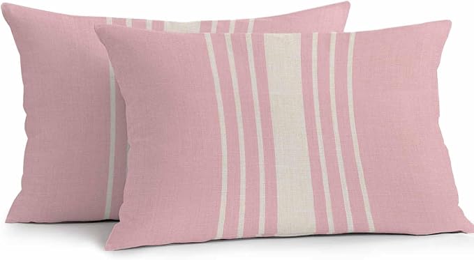 Lumbar Pillow Covers 20x12 Inch Set of 2, Pink Beige Striped Waterproof Outdoor Cushion Covers, Modern Farmhouse Retro Lines Decorative Pillowcases for Couch, Sofa, Bed, Garden, Patio