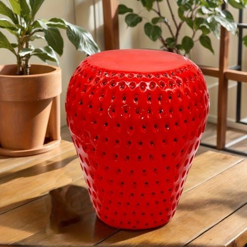 Strawberry Fruit Stool, 13.4" Oversized Resin Side Table, Indoor Outdoor Plant Stand, Waterproof Garden Decoration, Multi-Purpose Kids Seat & Patio Furniture (Strawberry Red)