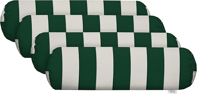 RSH Décor Neck Roll Bolster Pillows – Set of 4 | 20” x 6” | Outdoor Throw Pillows for Patio Furniture, Porch, Deck, or Poolside Chairs | Water & Fade-Resistant | Hunter Green & White Stripe