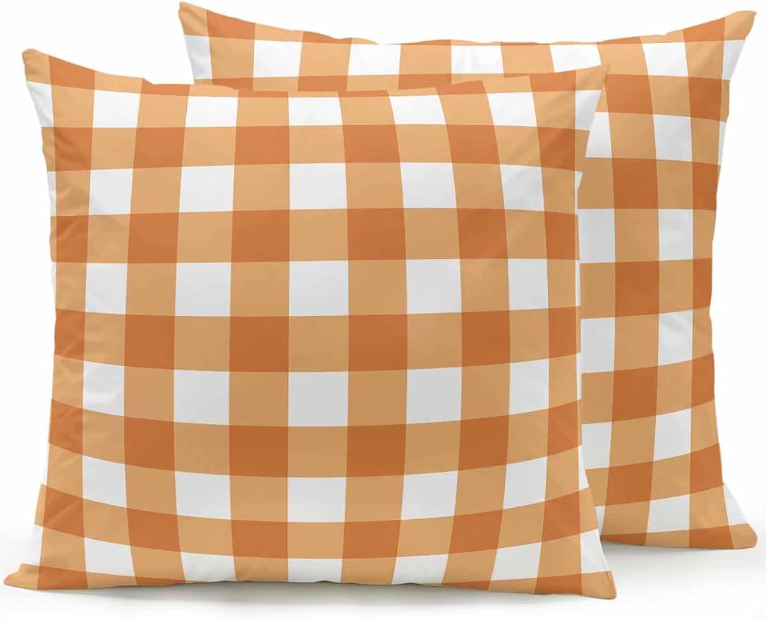 Waterproof Outdoor Pillow Set of 2 Orange Buffalo Plaid Decorative Throw Pillows Cover & Insert 18x18 Inch Pillowcase Check Lines Square Pillows for Couch Sofa Bed Patio Furniture Indoor Outdoor