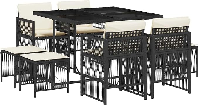9-Piece Outdoor Garden Dining Set with Black Poly Rattan Table, 4 Chairs, and 4 Stools for Patio