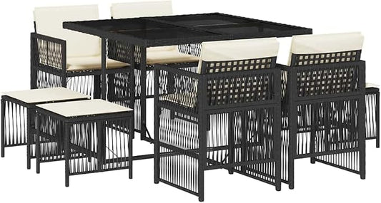 9-Piece Outdoor Garden Dining Set with Black Poly Rattan Table, 4 Chairs, and 4 Stools for Patio
