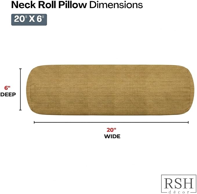 RSH DECOR: Neck Roll Bolster Pillows Set of 2 | 20” x 6" | All-Weather Spun Fabric | Water and Fade-Resistant | Outdoor Support Pillows for Patio Furniture | Made in USA (Luca Rib Pecan)