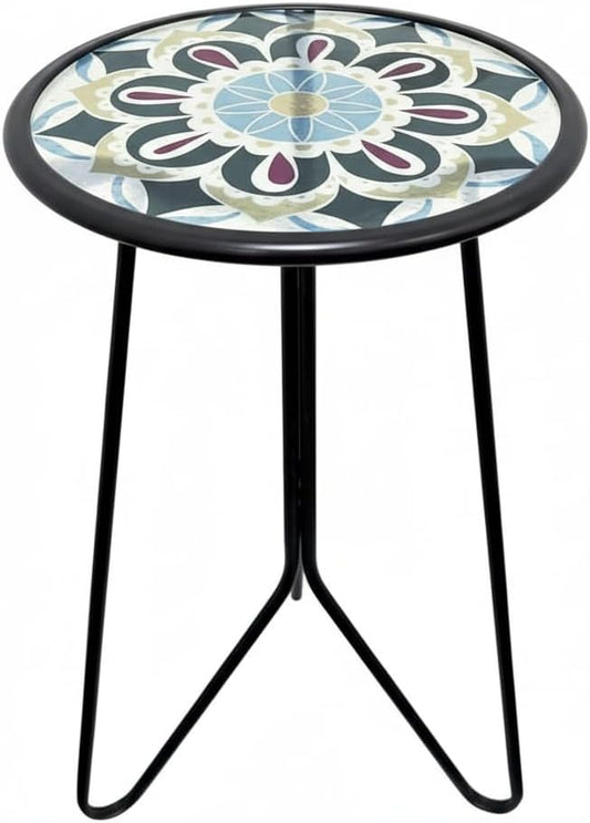 LIFFY Outdoor Side Table,12" Indoor Small Round Glass Tabletop Accent Table with Metal Frame, Home Decorative Plant Stand & End Table Outside for Patio, Garden, Yard, Kitchen, Porch