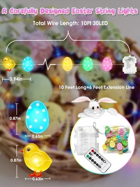 Easter Fairy Lights Battery Operated, 10FT 30 LED Chicken Egg String Lights | Remote Control, 8 Modes, Timer, Adjustable brightness, Waterproof Lights for Indoor Outdoor Classroom Christmas Decor