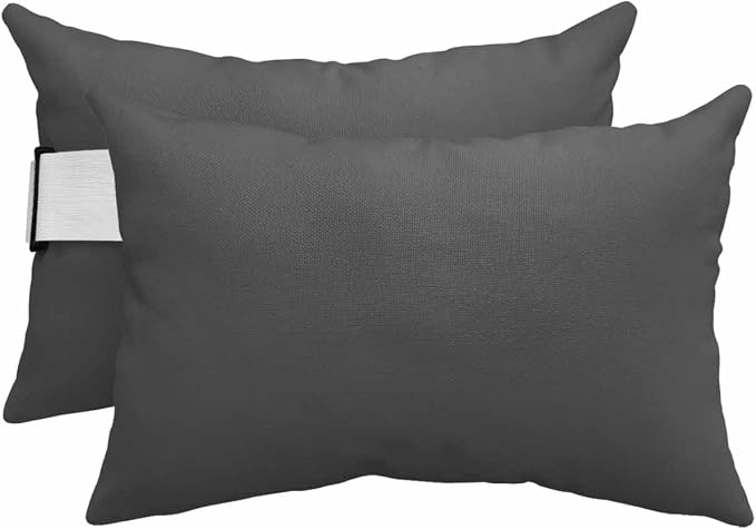 Chaise Lounge Chair Pillow with Strap & Insert Dark Grey Pattern Outdoor Recliner Head Pillow Pack of 2 Pure Colour Waterproof Headrest Patio Lumbar Pillow for Beach Pool Office Chair 11x16 Inch