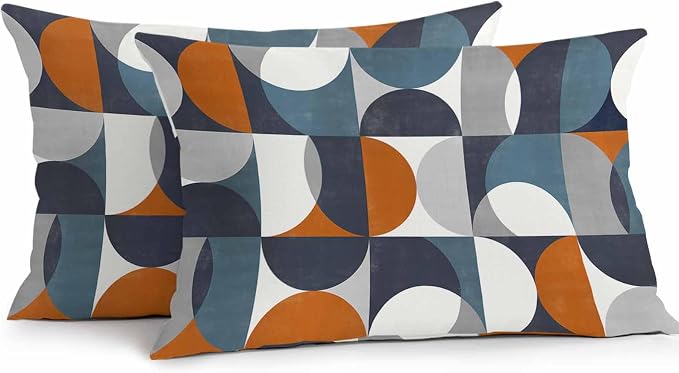 Vandarllin Outdoor Throw Pillows Covers 20x12 inch Set of 2 Waterproof Mid Century Geometric Decorative Zippered Cushion Covers for Patio Furniture, Abstract Modern Orange Blue Lumbar Pillowcases