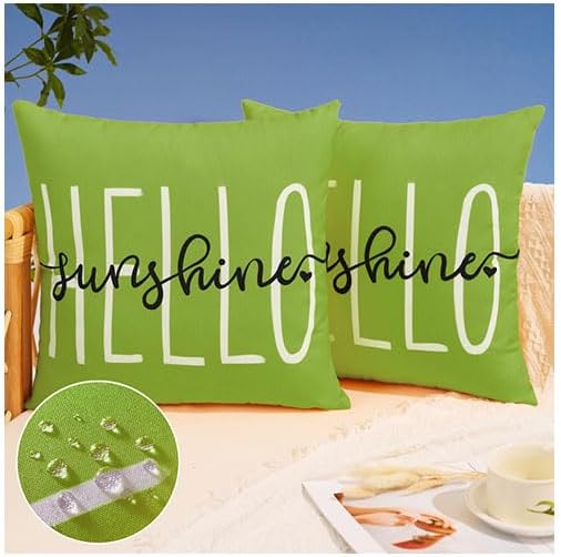 DFXSZ Grass Green Outdoor Waterproof Pillow Covers 16x16 Set of 2 | Hello Sunshine Decor Spring Summer Polyester Pillow Covers(NO INSERTS)| Decor for Patio Funiture Garden Sofa Couch