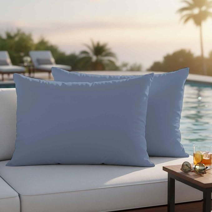 Lumbar Pillow Covers 12 x 20 Inches, Blue Pure Color Waterproof Throw Pillow Cover Set of 2, Aesthetics Contemporary Luxury Decorative Rectangle Cushion Covers for Patio/Couch/Garden