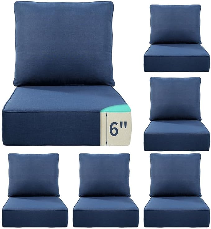 Luxury 22*24*6in Outdoor Patio Cushions, 6 Pieces Navy Blue Outdoor Cushion | 6'' Thick Outdoor Cushions, Water-Resistant, Reversible, Removable Cover, for Patio Chairs Sofa Couch Loveseat