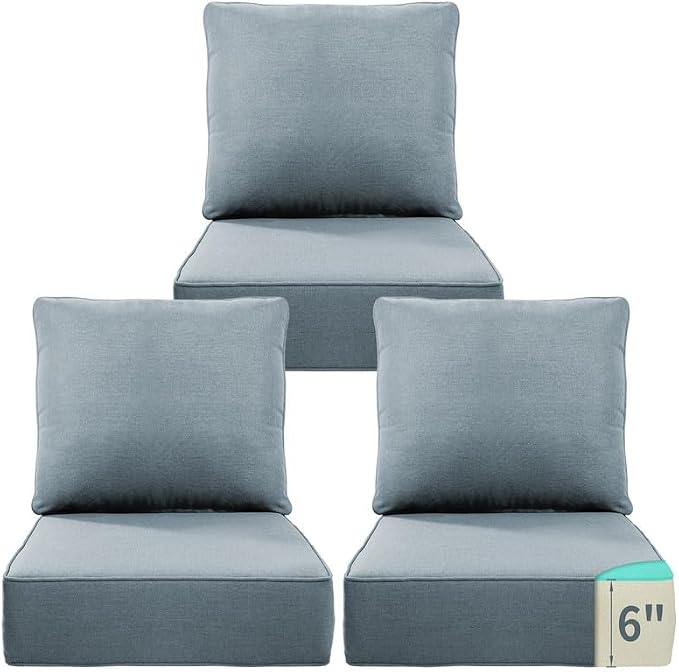 Luxury 22*24*6in Outdoor Patio Cushions, 3 Pieces Sky Blue Outdoor Cushion | 6'' Thick Outdoor Cushions, Water-Resistant, Reversible, Removable Cover, for Patio Chairs Sofa Couch Loveseat