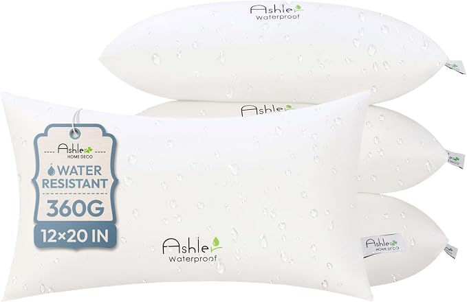 Ashler Outdoor Waterproof Pillow Inserts - 12 x 20 Pillow Inserts Set of 4, Water Resistant Patio Furniture Pillows Decorative for Garden, Hypoallergenic Lumbar Pillow for Sofa Couch