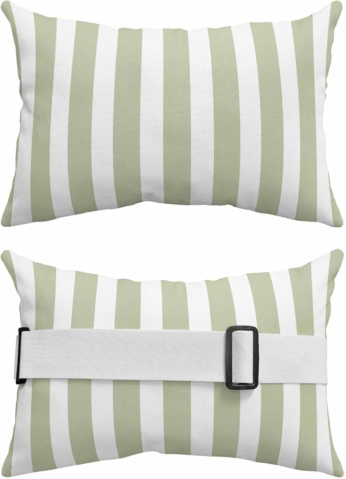DecorLovee Sage Green Striped Outdoor Recliner Pillows for Head, Farmhouse Waterproof Chair Pillow with Elastic Stripe, Sage Green Stripes Chaise Lounge Headrest Pillow for Patio/Pool 2Pack, 11"x16"