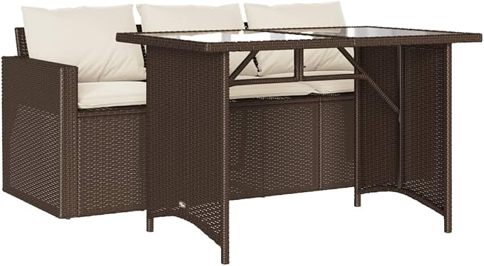 2 Piece Patio Dining Set with Cushions Brown Poly Rattan Outdoor Table and 3-Seater Sofa Set for Garden Backyard Patio, Tempered Glass Powder-Coated Steel Frame, Removable Washable Cushion Covers