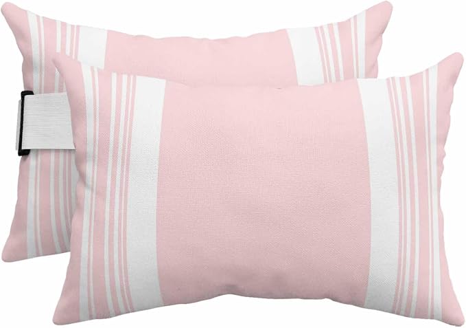 Outdoor Lumbar Pillow Set of 2, Farmhouse Pink Waterproof Beach Headrest Pillow with Inserts, Aesthetic Modern Line Striped Recliner Throw Pillows for Patio Furniture, 12 x 20