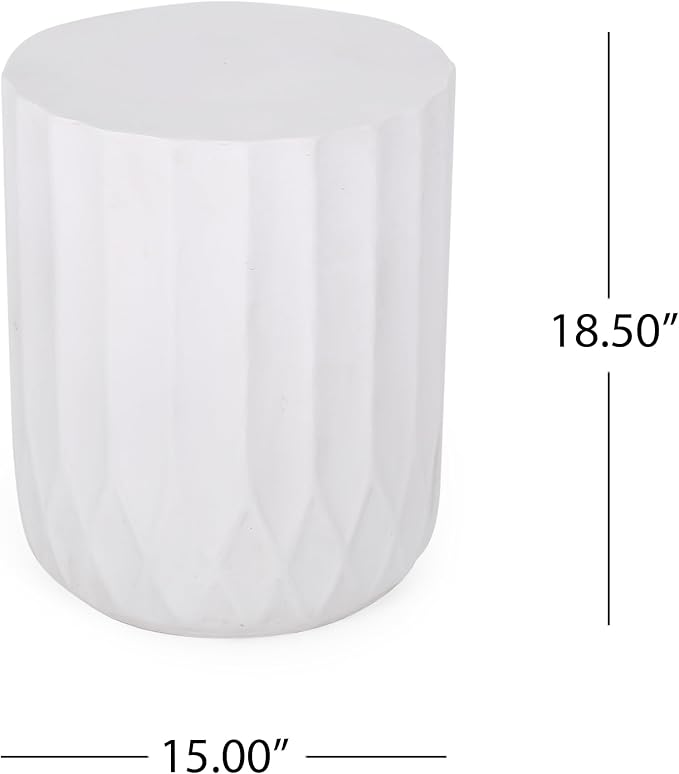 Outdoor Concrete Side Table, Cylinder Patio End Table, Faux Stone Accent Table with Wave for Indoor Outdoor, Round Garden Stool Coffee Table for Patio, Garden, Backyard - 15" Antique White MgO