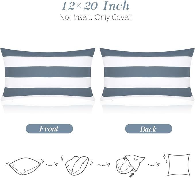 Lewondr 2 Pack Outdoor Throw Pillow Covers, 12"x20", Navy Blue + White | Lumbar Rectangle Stripe, Waterproof, For Outdoor Patio Porch Farmhouse Garden Balcony Couch, 30x50cm