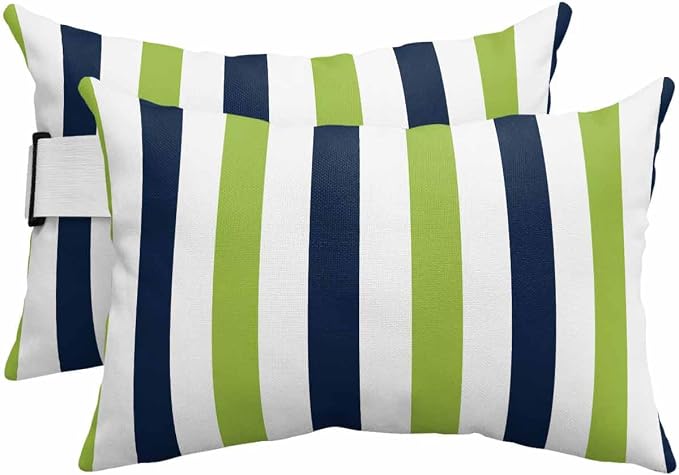 Pack of 4 Outdoor Lumbar Pillow Covers 12x20 Inch, Green Navy Blue Striped Waterproof Throw Pillow Covers Set, Farmhouse Stripe Art Indoor&Outdoor Decorative Cushion Cases for Patio Porch Beach