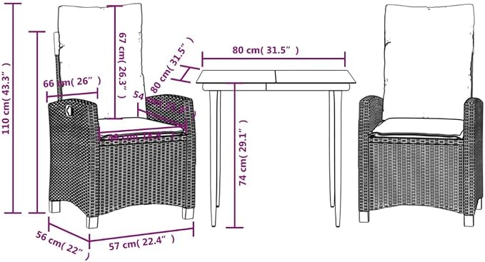 3 Piece Garden Dining Set with Adjustable Reclining Chairs and Washable Cushion Covers for Patio Balcony Outdoor Relaxation