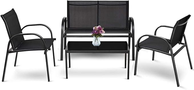 HAPPYGRILL 4 Pieces Patio Furniture Outdoor Garden Patio Table Set Poolside Lawn Chairs with Glass Coffee Table