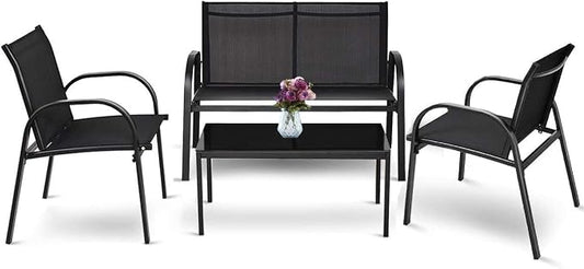 HAPPYGRILL 4 Pieces Patio Furniture Outdoor Garden Patio Table Set Poolside Lawn Chairs with Glass Coffee Table