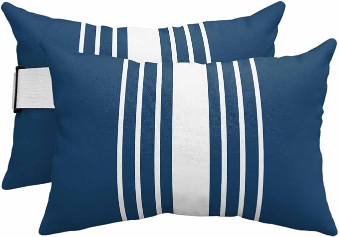 Pack of 4 Outdoor Lumbar Pillow Covers 12x20 Inch, Navy Blue White Stripe Waterproof Throw Pillow Covers Set, Modern Rustic Vertical Striped Indoor&Outdoor Cushion Cases for Patio Porch Beach