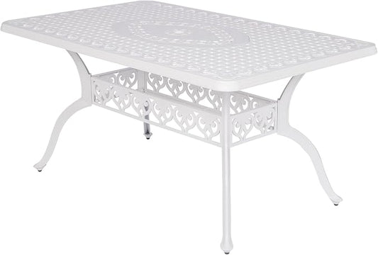 VIVIJASON Outdoor Patio Dining Rectangle Table White Cast Aluminum Rustic Large Patio Table with 2" Umbrella Hole for Garden, Backyard, Deck