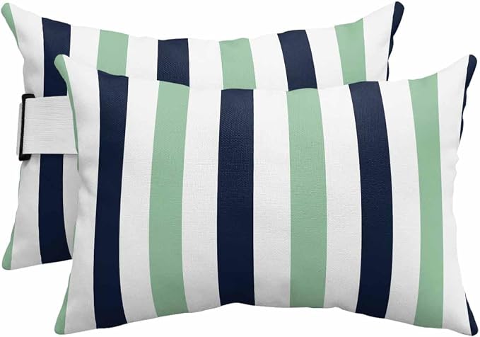 Pack of 2 Outdoor Lumbar Pillow Covers 11x16 Inch, Light Green Navy Blue Striped Waterproof Throw Pillow Covers Set, Farmhouse Stripe Art Indoor&Outdoor Decorative Cushion Cases for Patio Porch Beach