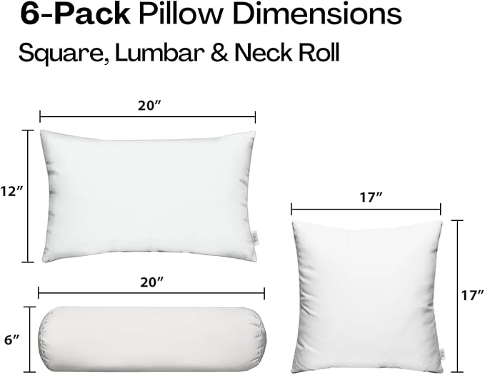 RSH DECOR: 6-Pack Pillow Set | Sunbrella Performance Fabric |Water & Fade-Resistant| 17" Square, 20"x12" Lumbar, 20"x6" Neck Roll | Outdoor Pillows for Patio | Made in USA (Sandestin Zone Eclipse)