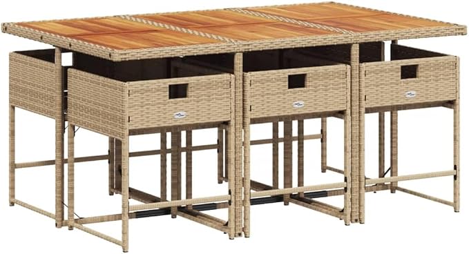 7 Piece Patio Dining Set with Cushions Beige Poly Rattan Outdoor Table and 6 Chairs Foldable Space Saving for Garden Backyard Deck UV Proof Removable Cover