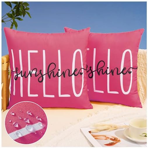 DFXSZ Hot Pink Outdoor Waterproof Pillow Covers 20x20 Set of 2 | Hello Sunshine Decor Spring Summer Polyester Pillow Covers(NO INSERTS)| Decor for Patio Funiture Garden Sofa Couch