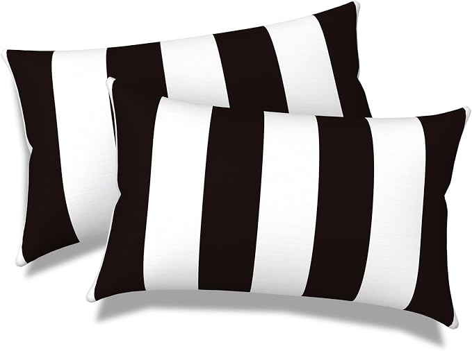 Outdoor Lumbar Pillows, Water Repellent Cushion Pillows 12x20 Inch, Outdoor Pillows with Inserts for Home Garden, Pack of 2, Cabana Black