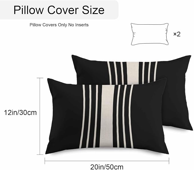 Black Beige Striped Outdoor Pillow Covers 20x12 Inch Lumbar Pillow Covers Set of 2 Waterproof Decorative Throw Pillow Cases Modern Farmhouse Retro Lines Cushion Covers for Patio Furniture Garden Couch
