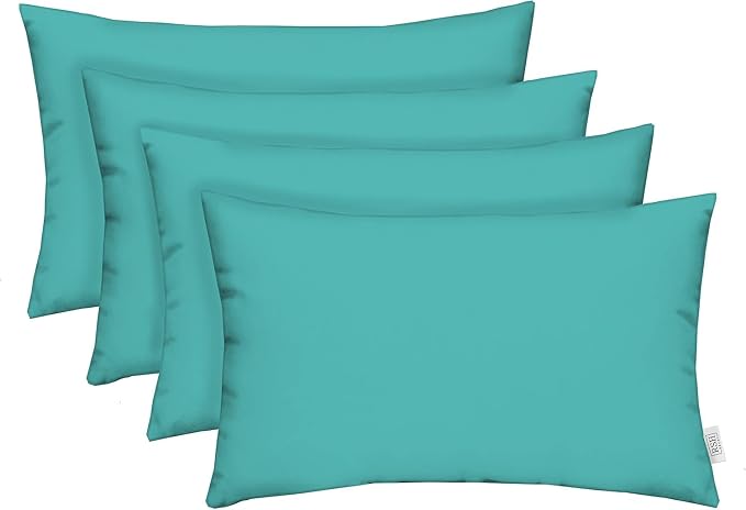RSH DECOR Sunbrella 26" x 16" Lumbar Throw Pillows Set of 4 | Water and Fade-Resistant Performance Fabric | Outdoor Pillow Covers with Down-Alternative Inserts | Made in USA (Canvas Aruba Aqua)