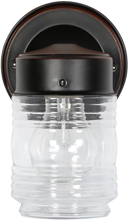 Design House 505198 Jelly Jar Classic 1-Light Indoor/Outdoor Wall Light with Clear Ribbed Glass for Entryway Porch Patio, Oil Rubbed Bronze | Wall Mount, Traditional, Steel, Lighting, 505198