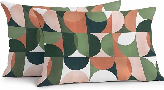 Vandarllin Outdoor Throw Pillows Covers 20x12 inch Set of 2 Waterproof Mid Century Geometric Decorative Zippered Cushion Covers for Patio Furniture, Abstract Modern Green Orange Lumbar Pillowcases