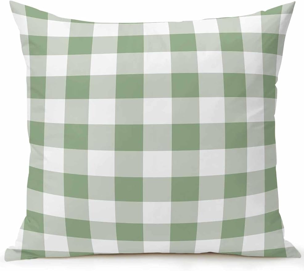 Waterproof Outdoor Pillow 1 Pack Green Buffalo Plaid Decorative Throw Pillows Cover & Insert 16x16 Inch Pillowcase Check Lines Square Pillows for Couch Sofa Bed Patio Furniture Indoor Outdoor